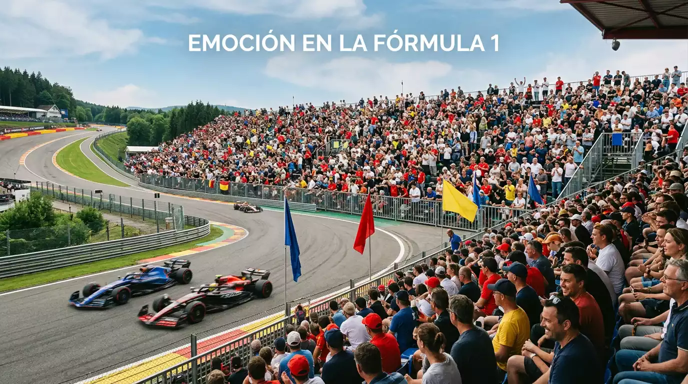 Aficionados en la tribuna de un Gran Premio de Formula 1 con monoplazas en pista